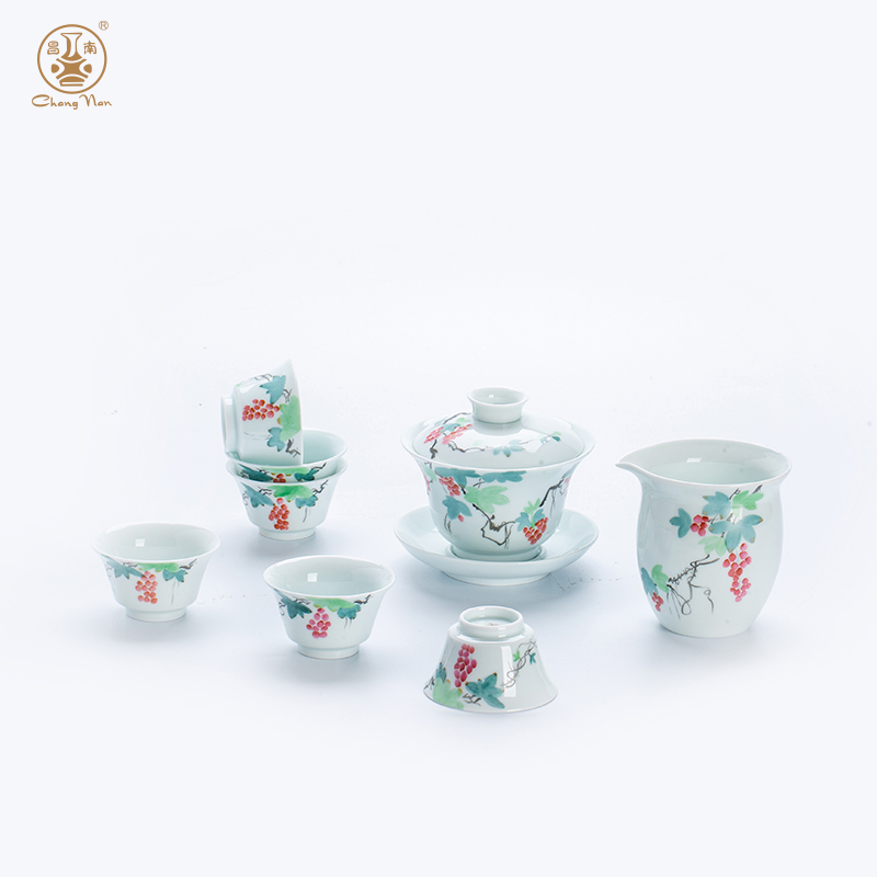 玉瓷手繪“吉運(yùn)添?！?頭蓋碗茶具套裝